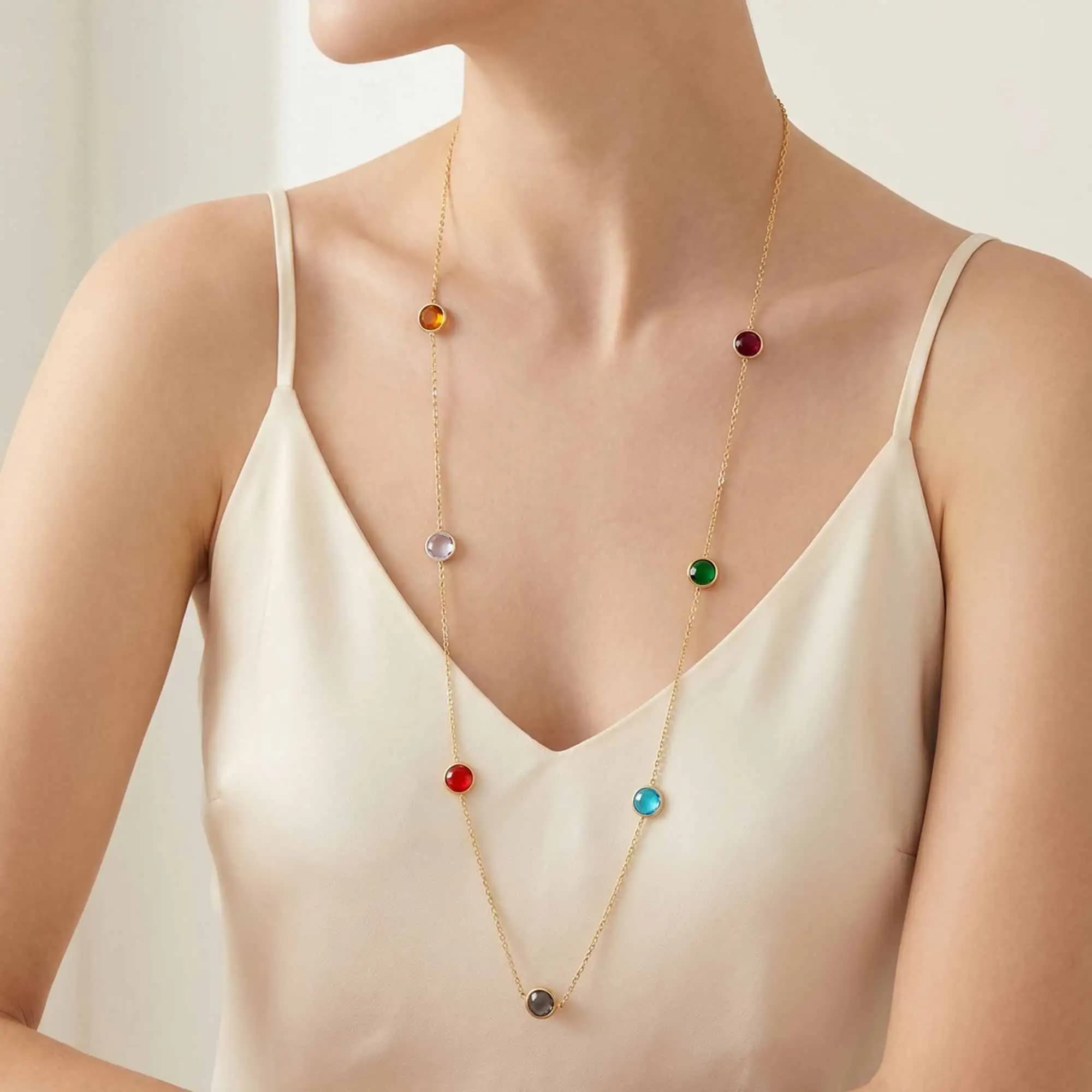 18K Gold Plated Stainless Steel Long Necklace for Women, Colorful Round Natural Stone Bead Stackable Layering Party Jewelry