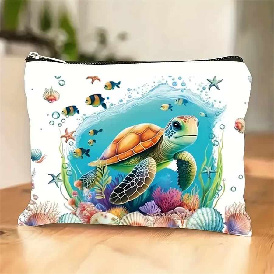 A cosmetic bag with a turtle pattern, graceful multifunctional bag with zipper, jewelry case.
