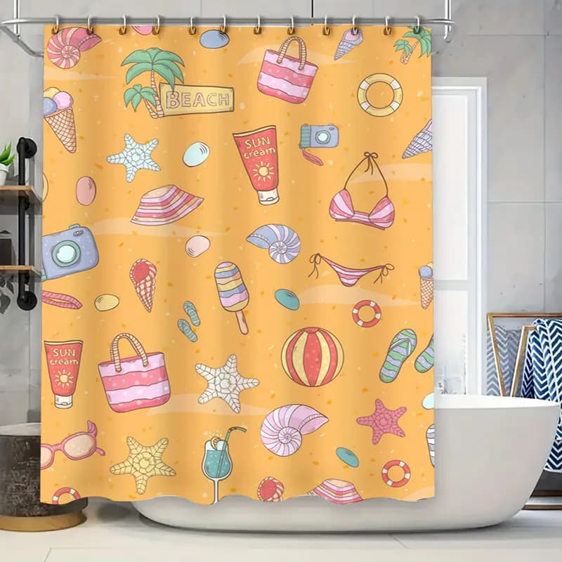 Tenda da doccia estiva da spiaggia con accessori colorati per l'arredamento del bagno Stampa arancione soleggiato