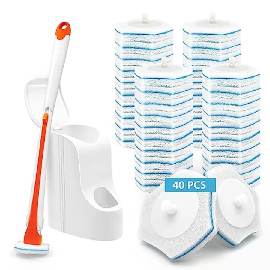 Set di Spazzole per WC Usa e Getta con 40 Ricariche, Supporto a Parete con Manico Lungo Compatto per Pulizia del Bagno