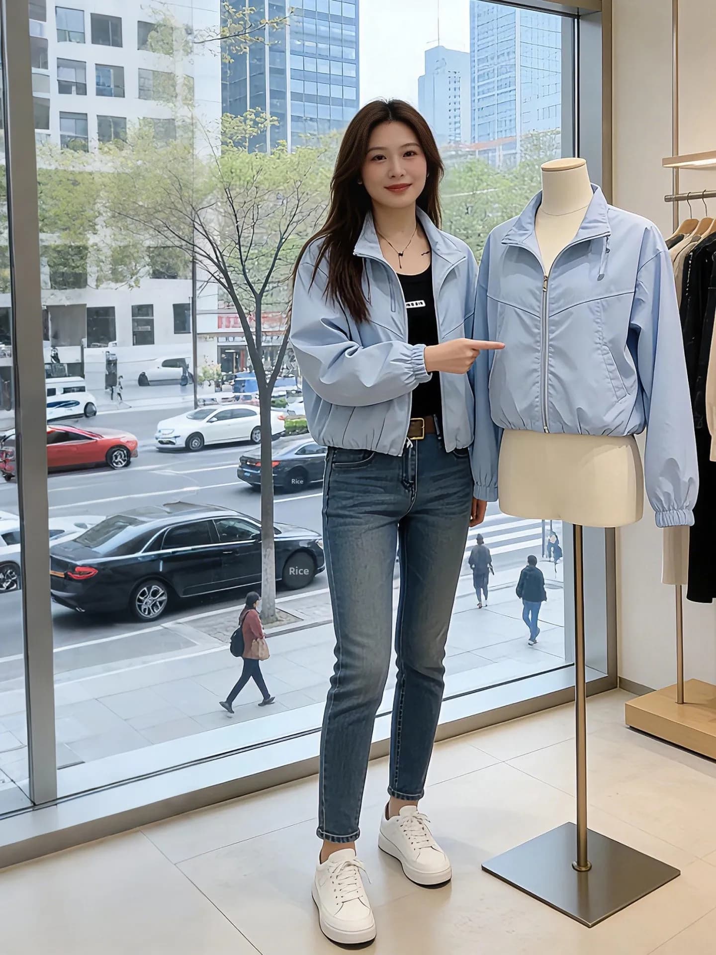 Giacca corta da donna stile primaverile, blu chiaro, con collo alto, snellente, alla moda, dall'aspetto giovane, capospalla di tendenza