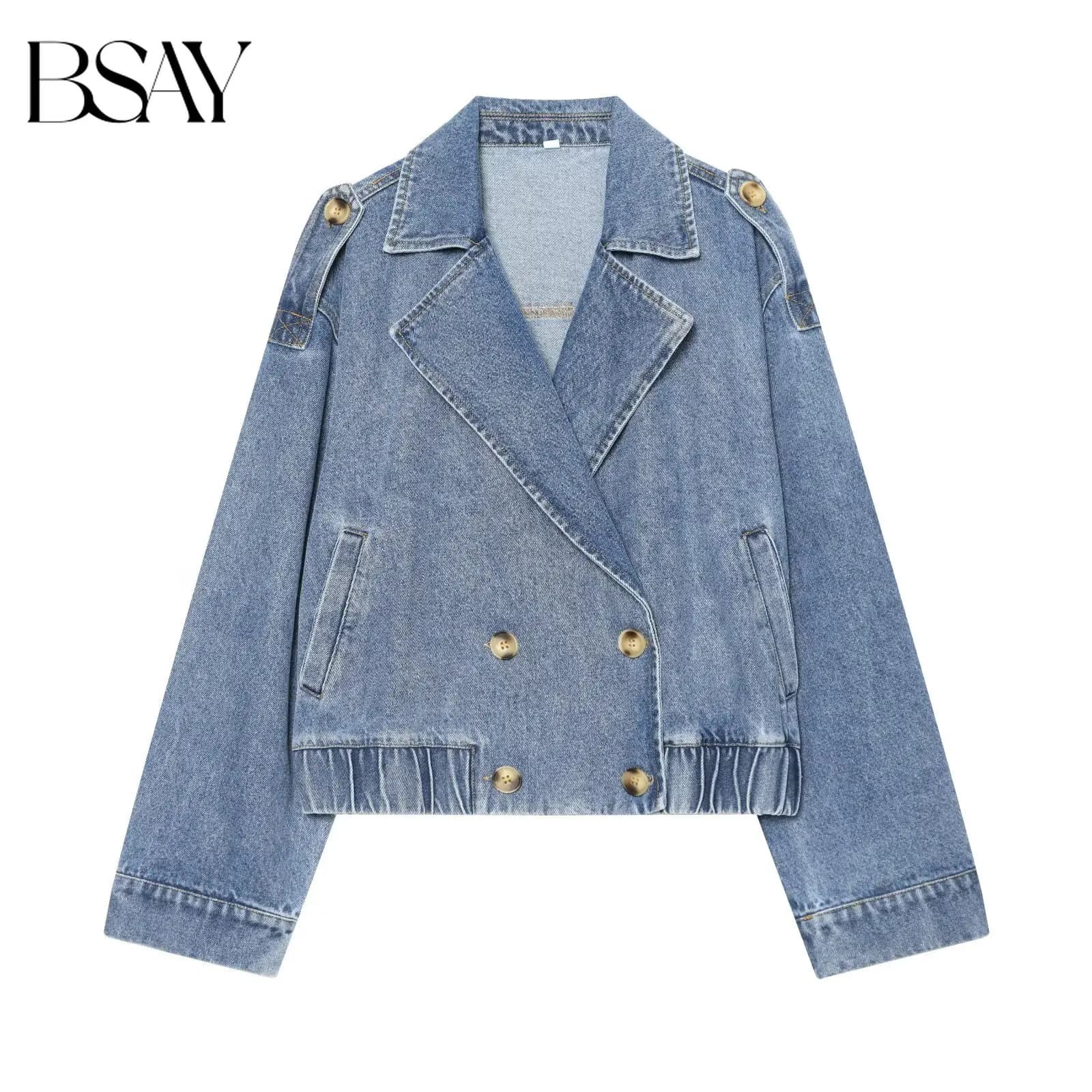 BSAY Women Fashion Lapel Double Breasted Denim Jacket Loose Short Top With Pockets Epaulet Decor Elastic Hem Casual Outerwear