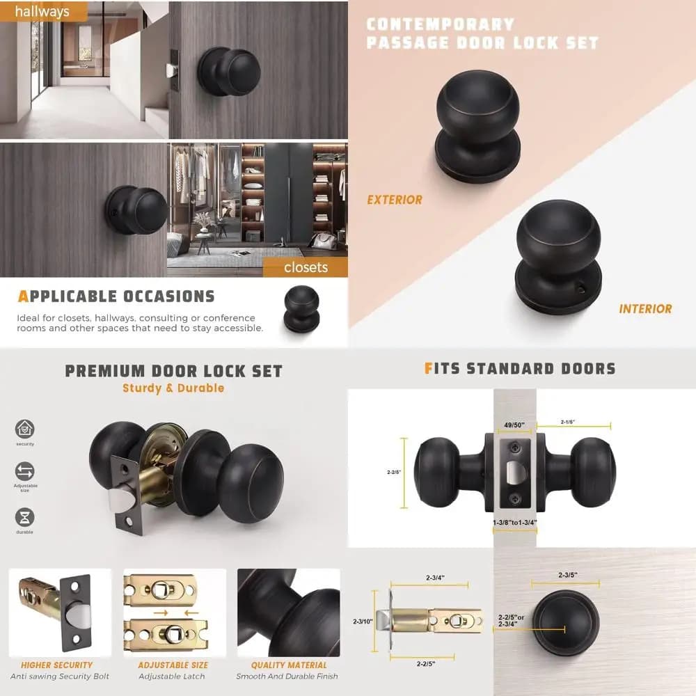 Set of 10 Handles for Interior Doors with Hidden Screw, Antique Bronze Finish