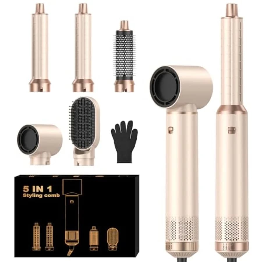 Set Spazzola Asciugacapelli 5 in 1 con Ioni Negativi, Spazzola ad Aria Calda Migliorata, Styler ad Aria, Arricciacapelli ad Aria, Ferro Arricciacapelli