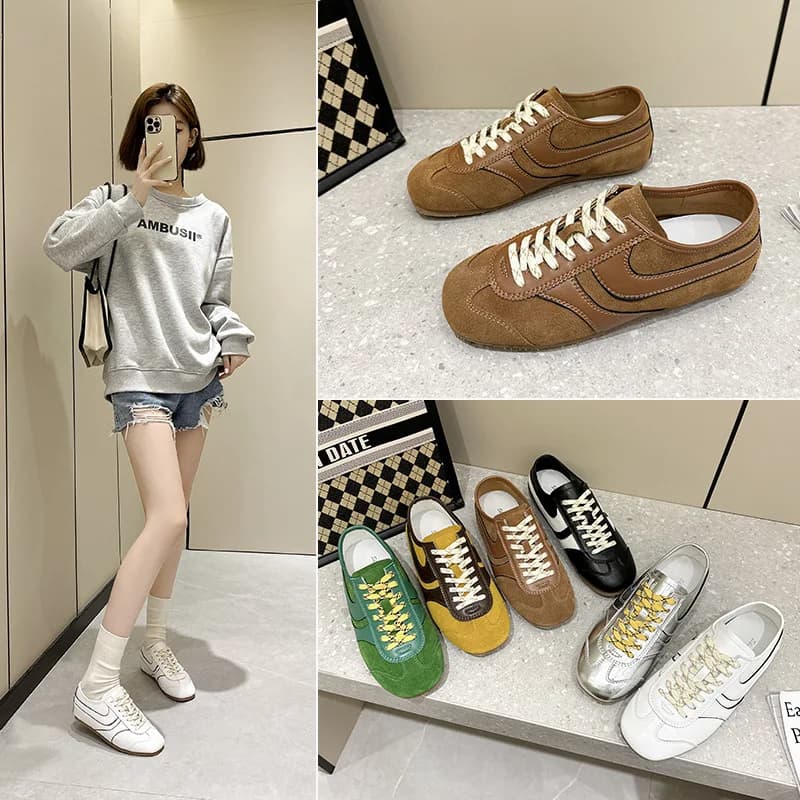 Women's Genuine Leather Agate Shoes, Low Casual sneakers with Colored Laces Style Retro