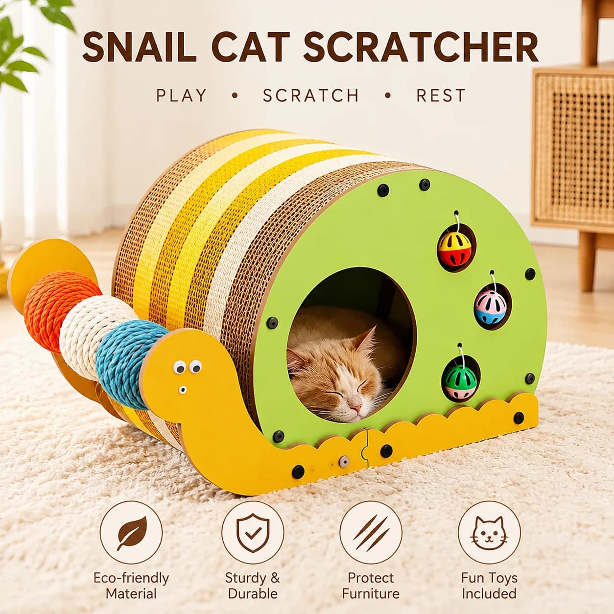 Multi-Functional Replaceable Cat Scratching Board with Corrugated Scratching Ball for Stress Relief