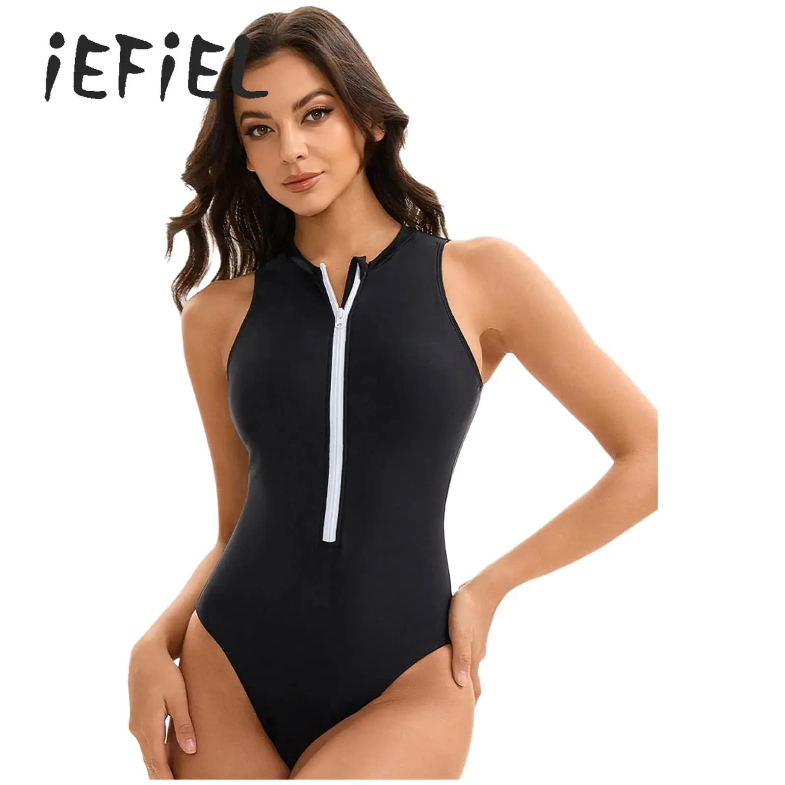 Costume da bagno sportivo intero da donna, senza maniche, tinta unita, con cerniera, per nuoto, vacanze al mare, surf, Hawaii