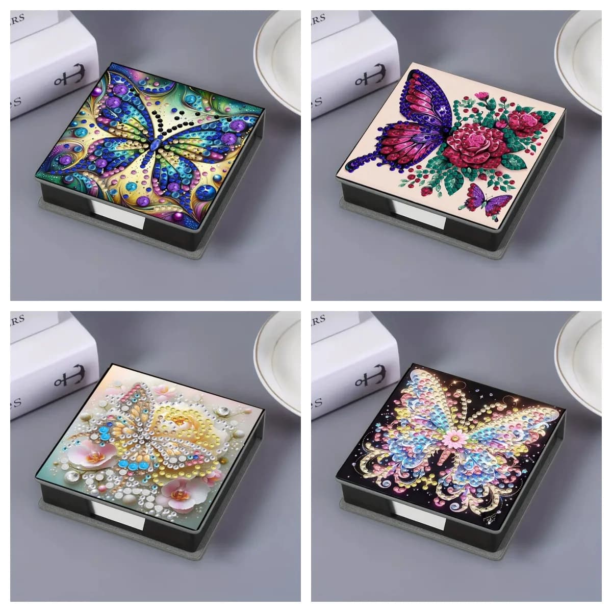 1 pz fai da te farfalla diamante arte pittura post it nota dispenser porta carta da lettere in plastica organizzatore con carta promemoria per la scuola domestica