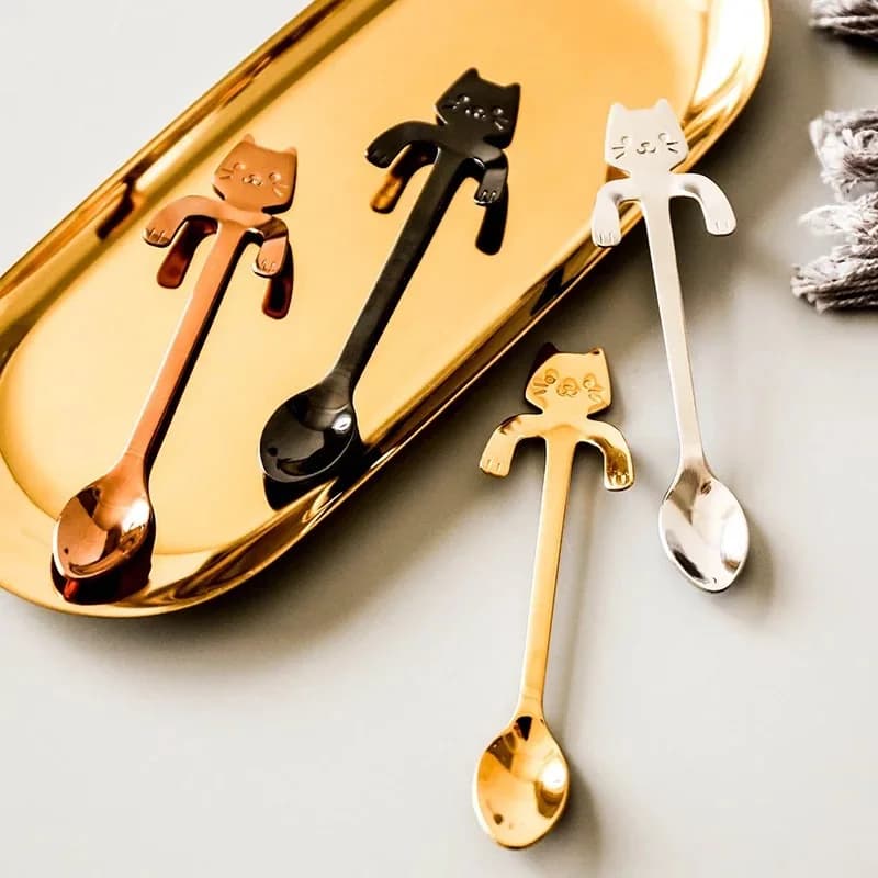 4 pz/set In Acciaio Inox Mini Gatto Gattino Design In Acciaio Inox Caffè/Tè/Dessert/Bevi/Miscelazione/Milkshake Cucchiaio Posate Gadget