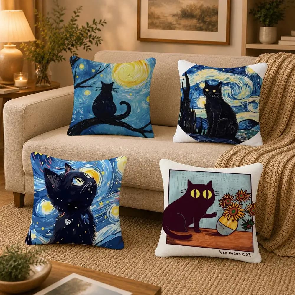 Art V-Van Gogh Irises Black Cat Cushion Cover Washable Soft Plush Cushion Cover Square Pillow Case for Sofa Couch Bed
