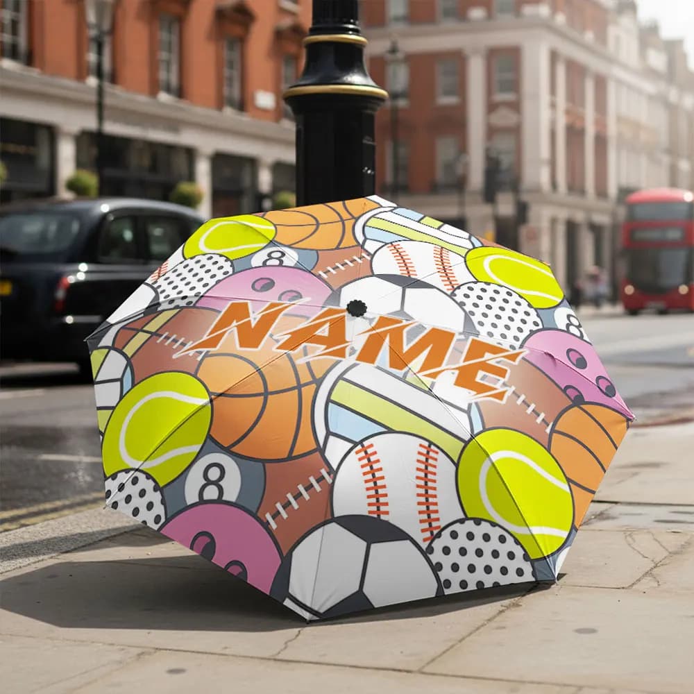 Custom Name umbrella, "Colorful Sports-Themed Folding Umbrella with Basketball, Soccer, Tennis Ball" for Sunny and Rainy Days
