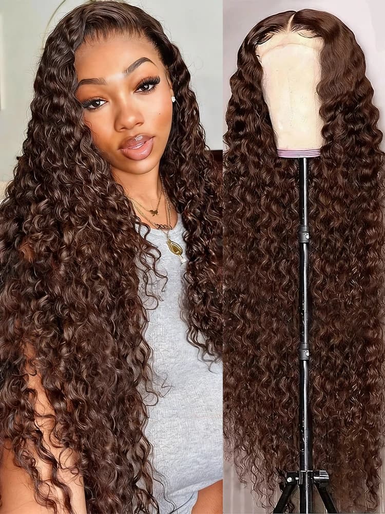 250% Density Chocolate Brown Deep Wave Lace Front Wig 44 Inch 13x6 HD Lace Front Human Hair Wigs 13x4 Brazilian Curly Transparent Human Hair Wigs Pre Plucked Hair For Black Women