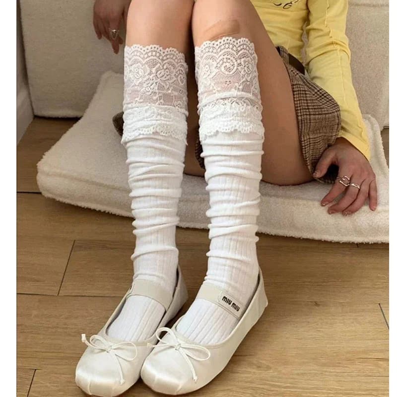 Calze lunghe da donna autunno/inverno, tinta unita, sopra il ginocchio, con pizzo, stile Lolita, spesse e calde, sexy, nere e bianche