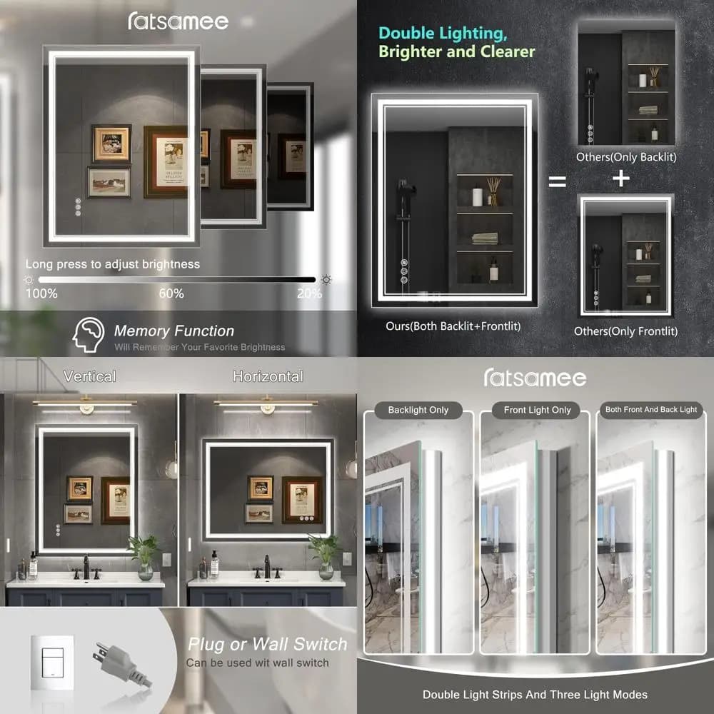 Specchio da Bagno a LED 36x28 con Illuminazione Frontale e Posteriore, Antiappannamento, Dimmerabile, in Vetro Temperato