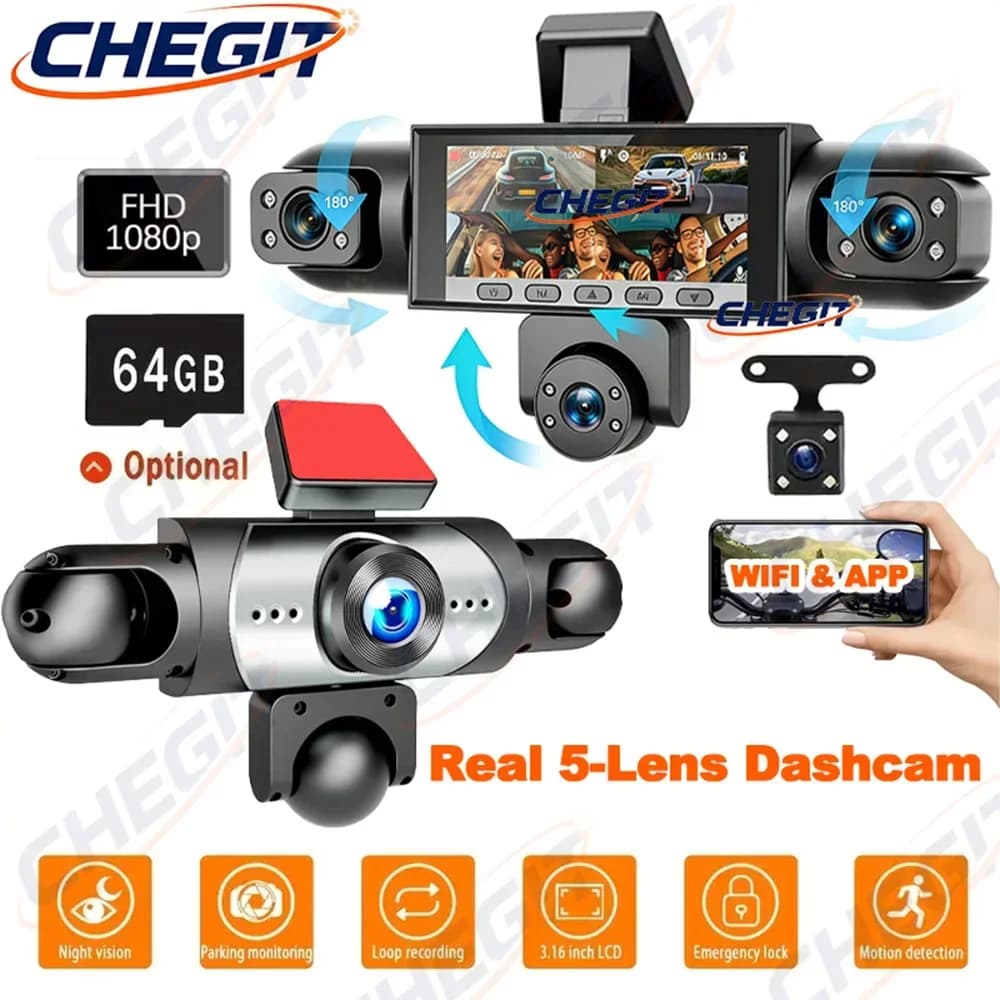 Camera 5 in 1 to 360 degrees, front left, right, inside, back, with WIFI, 1080P, 5-way video recorder, DVR for car, dashcam, black box.