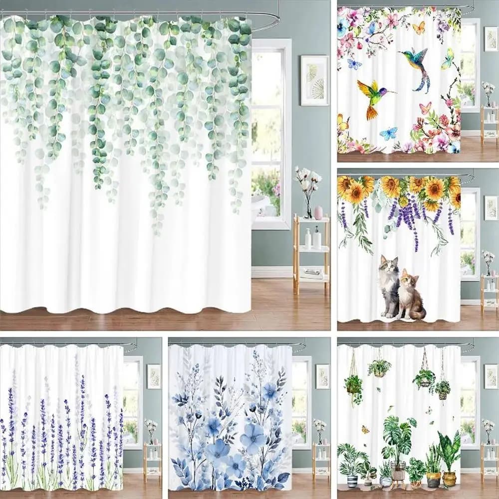 Tenda da doccia floreale botanica primaverile in stile acquerello, paesaggio floreale, in tessuto lavabile, decorazione per bagno con ganci