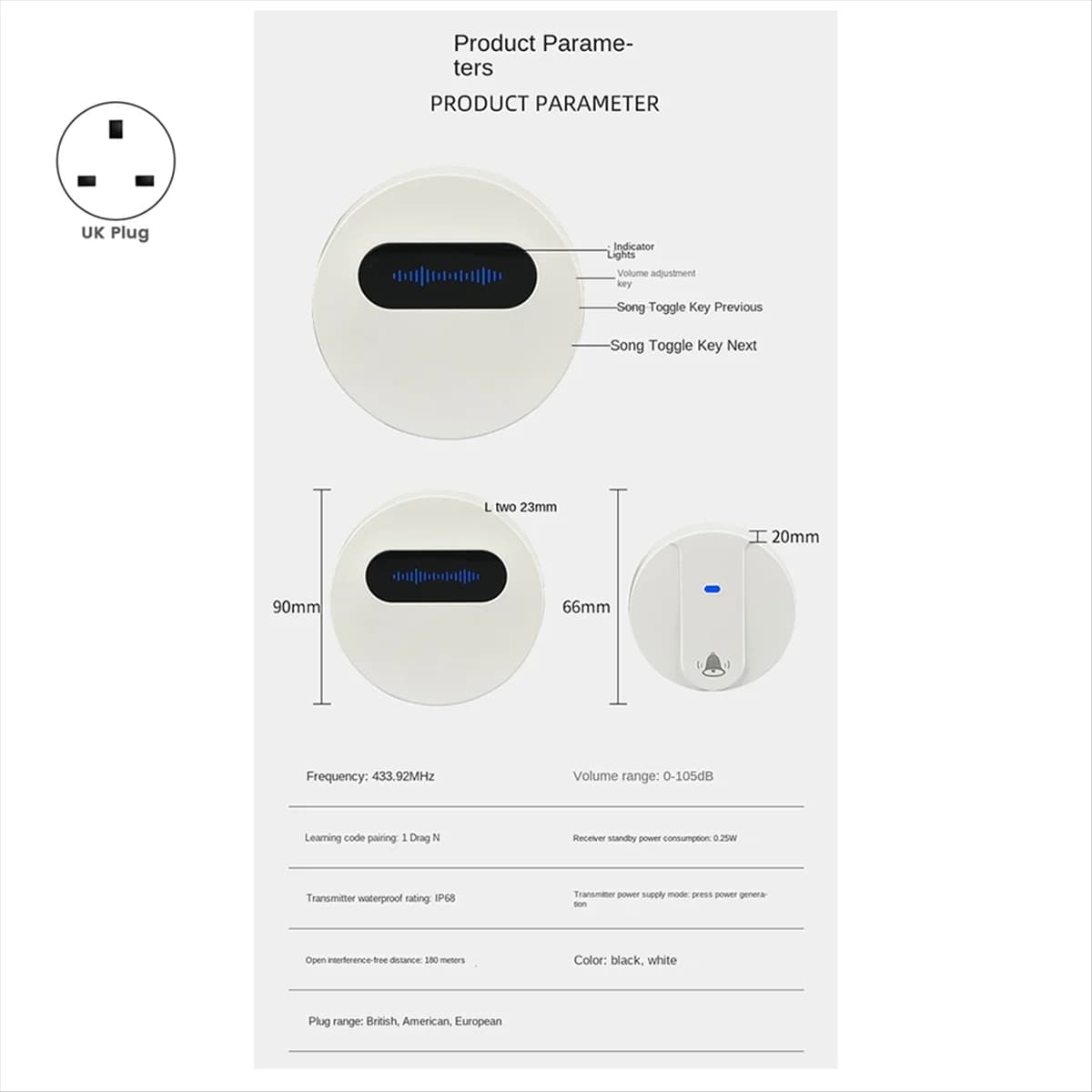 M85K UK Plug Campanello senza fili Campanello intelligente impermeabile IP68 Campanello per porta di casa Intelligente 58 brani Controllo volume a 4 livelli