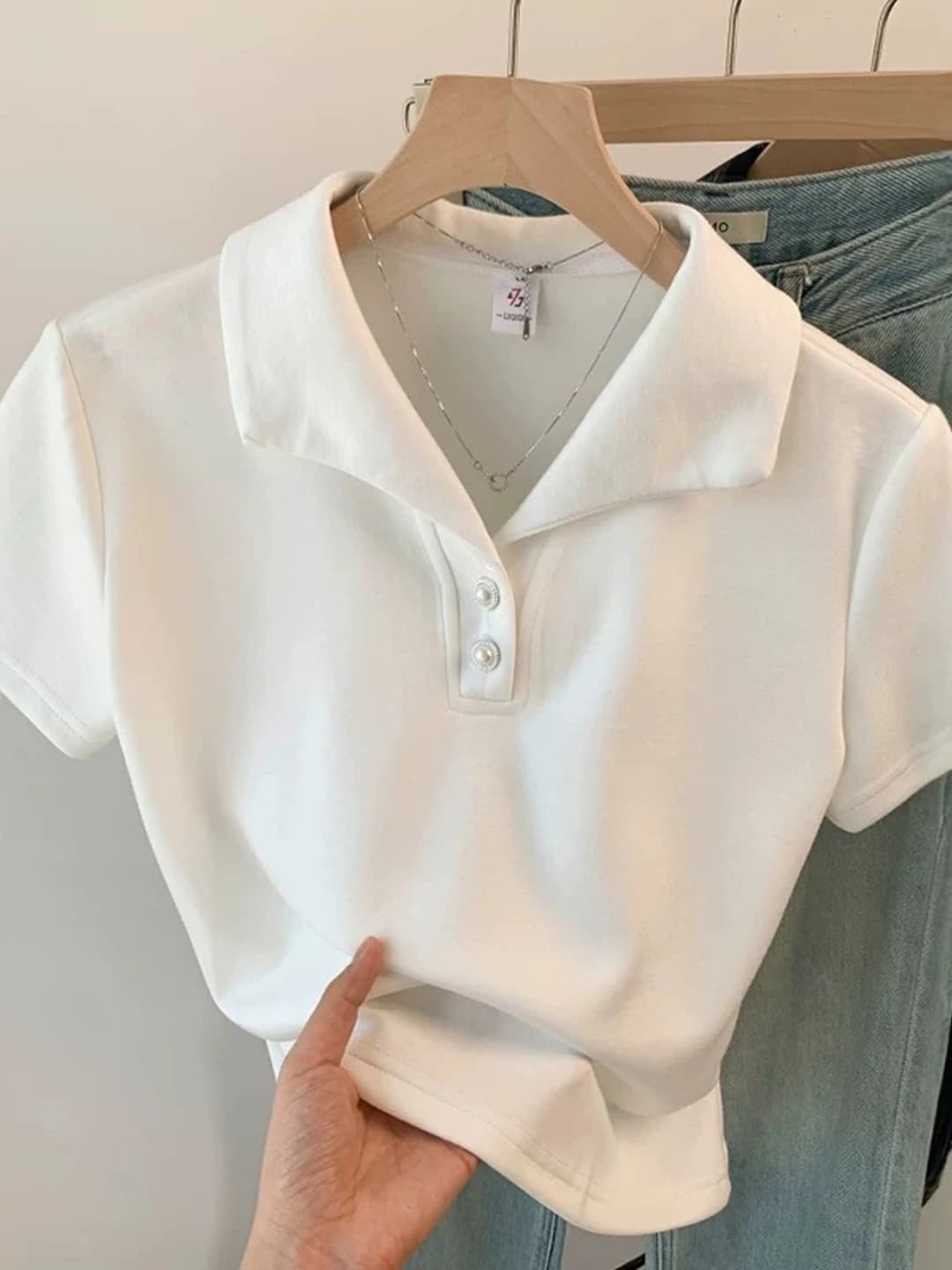 Fashionable Collar Short Sleeve T-Shirt Women's plus Size Slimming Belly Covering Top Korean Style Commute Wind Summer N...