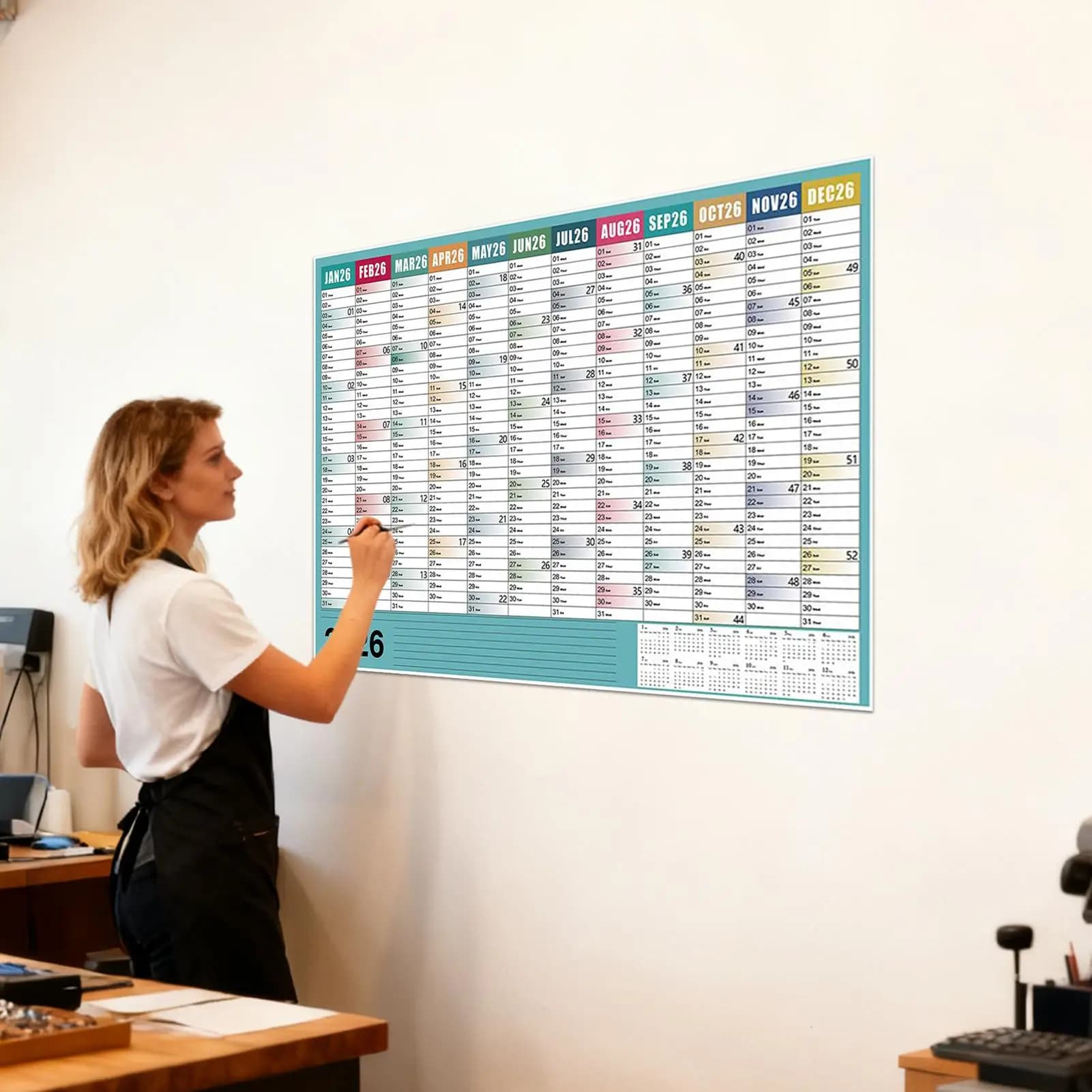 Calendario da parete mensile 2026 Quaderno grande da 29 x 20 pollici con etichette con punta e adesivo Calendario giornaliero per lo studio mentale