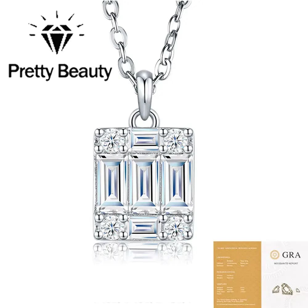 Pretty Beauty Emerald Cut Moissanite Necklace for Women 925 Silver Rectangle Geometric Cluster Diamond Art Deco Pendant Necklace