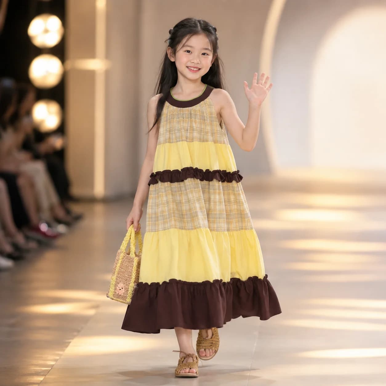 Girls Yellow Dress Plaid Patchwork Tiered Ruffle Cute Princess Party Birthday Summer Sleeveless Cotton Toddler Kids Beach Dress