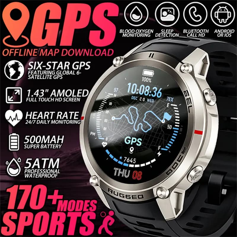 2026 New Tactical Gps Smart Watch 170+ Sports Mode Hd Offline Map Blood Oxygen Sleep Detection 5Atm Waterproof Fitness Bracelet