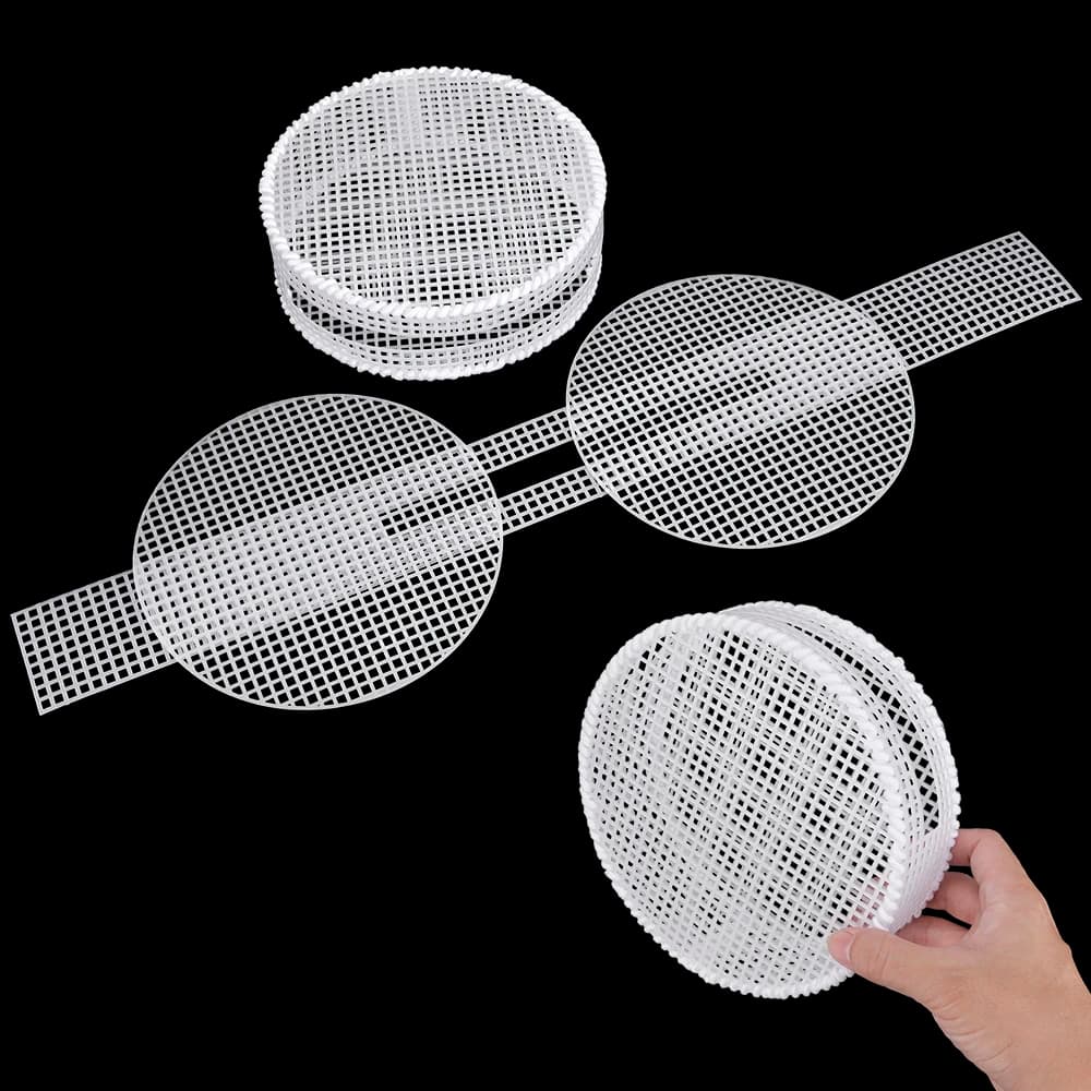 5 set di fogli di rete di plastica all'uncinetto fai-da-te, modello di piastra di griglia di plastica di forma circolare, fogli di plastica avvolti con ganci per tessitura a mano