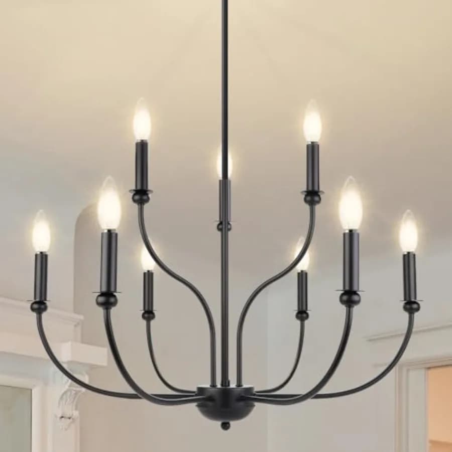 Black Chandelier 9-Light Farmhouse Chandelier 27In Dining Room Light Fixture Rustic Candle Pendant Light for Kitchen Island Liv