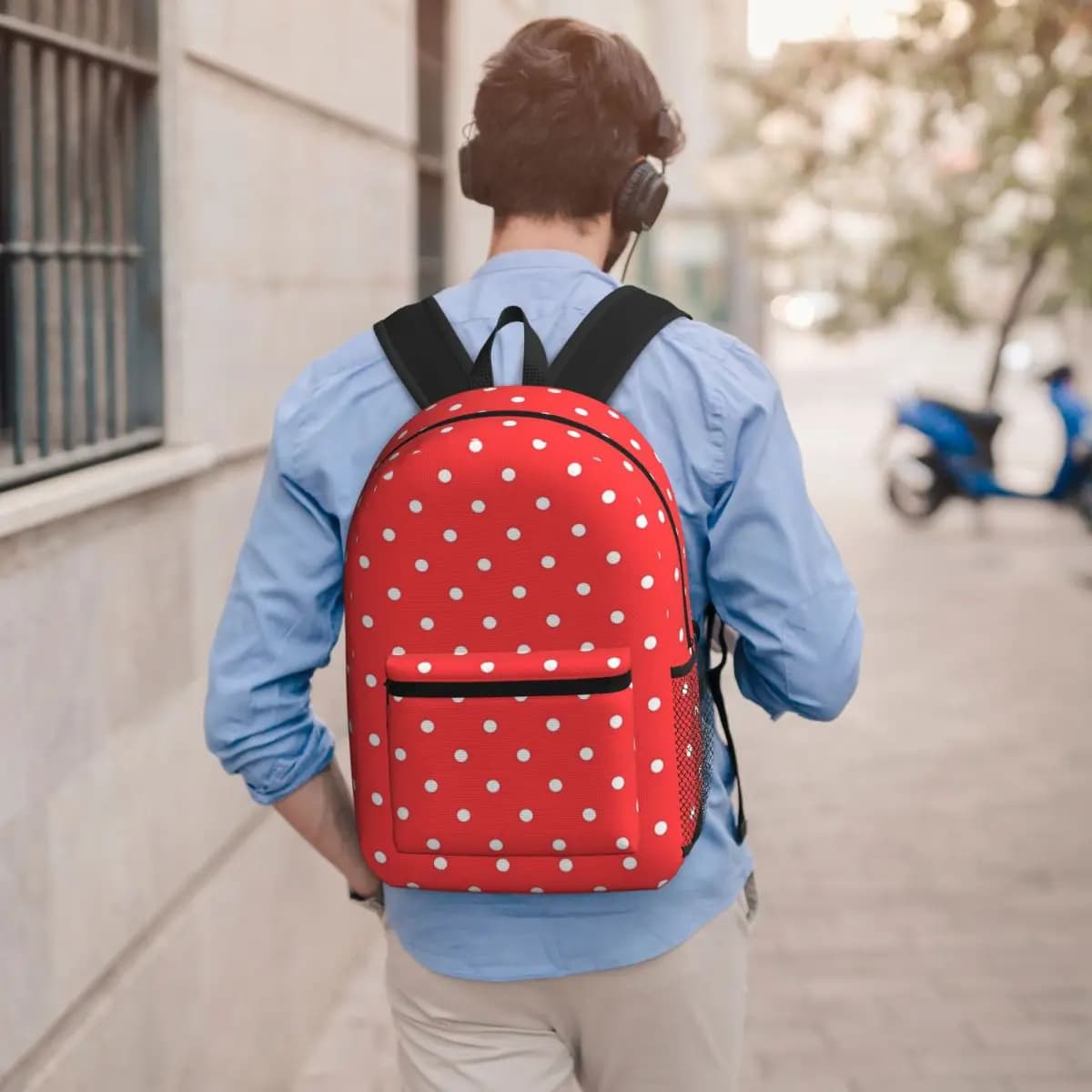 Zaino con motivo a pois rosso e bianco, borsa per libri per studenti, borsa per la scuola per bambini, borse a tracolla per laptop per uomo e donna