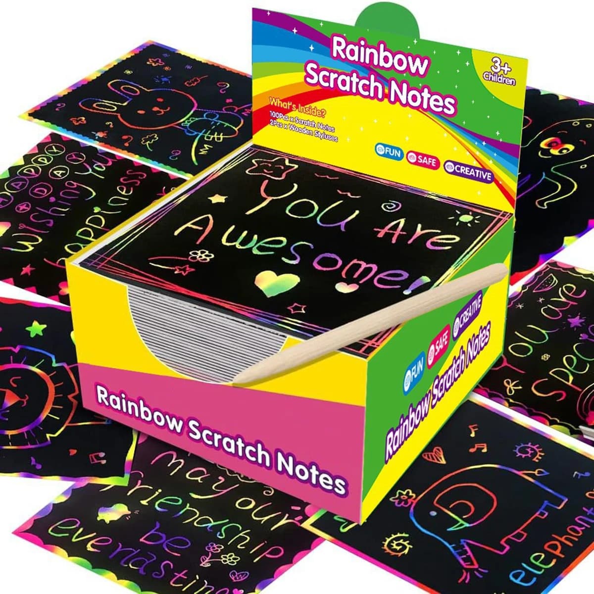 Set of 100 pieces of paper to scratch, rainbow magic paper to scratch with 2 bamboo stylus, notes to scratch black, Christmas birthday card
