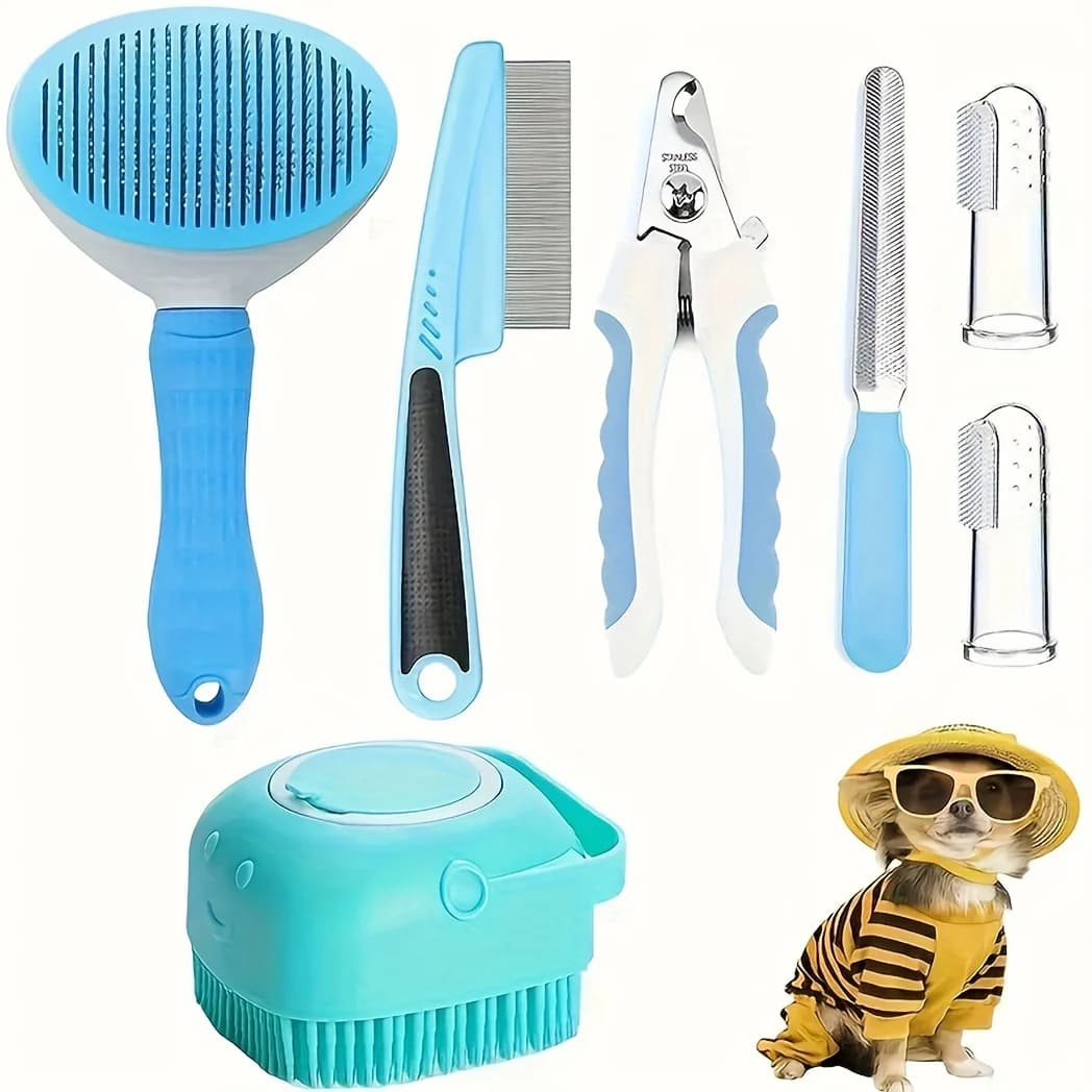 Set da 7 pezzi per toelettatura animali domestici, pettine per depilazione per cani, pettine per pulci, spazzola per shampoo per cani, tagliaunghie per animali domestici, set di spazzolini per cani