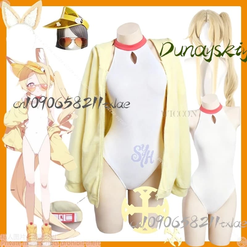 Shop1104345165 Negozio Yurizono Seia gioca Blu Archivio Costume da bagno Giacca giallo chiaro Foro Cappello da sole Orecchio peloso Tuta Halloween