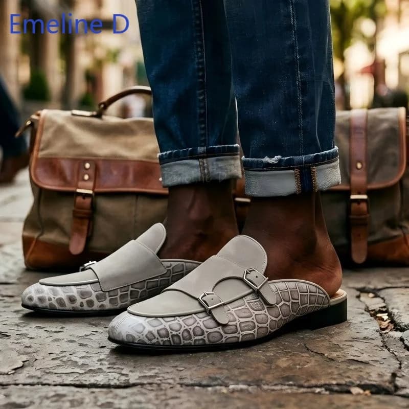 Almond Toe Loafer Mules Polished Gloss Patent Leather Dual Metal Buckle Straps Slip Sleek Low Heel Formal Versatile flat shoes
