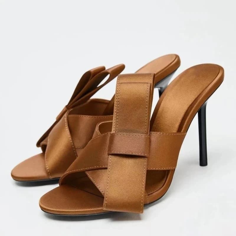 Satin Luxury High Heeled Sandals Women Bowknot Open Toe Fashion Slides Party Designer High Slippers Female Sandalias De Mujer