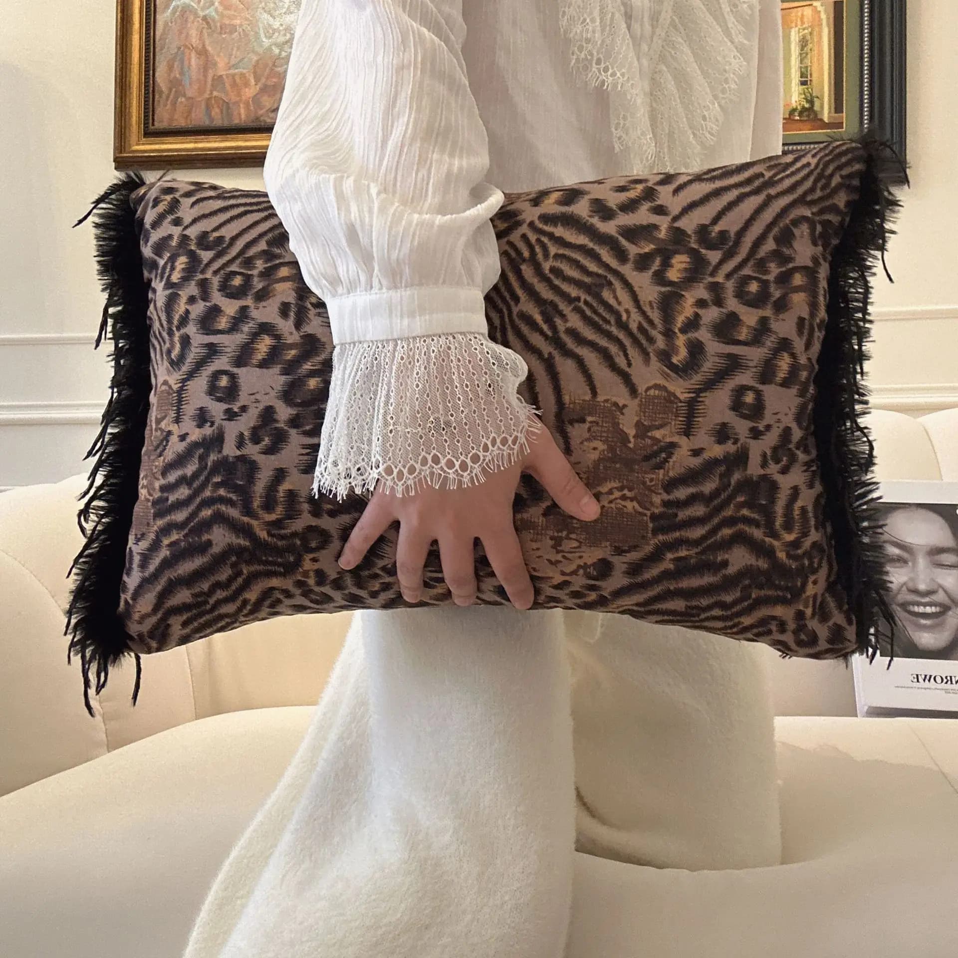 Cuscino vintage INS Cuscino lombare per sedia con schienale stile principessa Letto dormitorio addensato Cuscino rimovibile lavabile con stampa leopardata