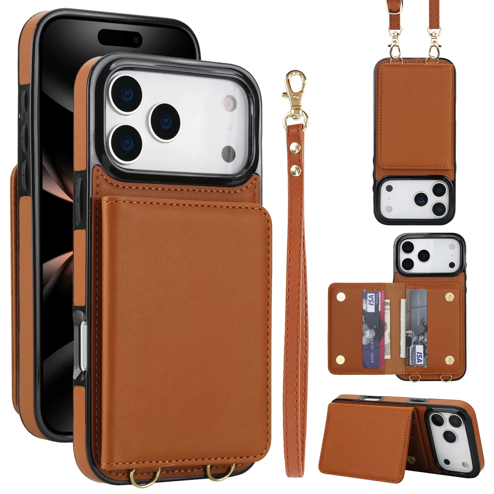 Custodia a tracolla in pelle con porta carte e portafoglio per iPhone 17 Pro Max 16 Plus 15 Plus 14 13 12 11, con tracolla, tasca, cavalletto e protezione RFID