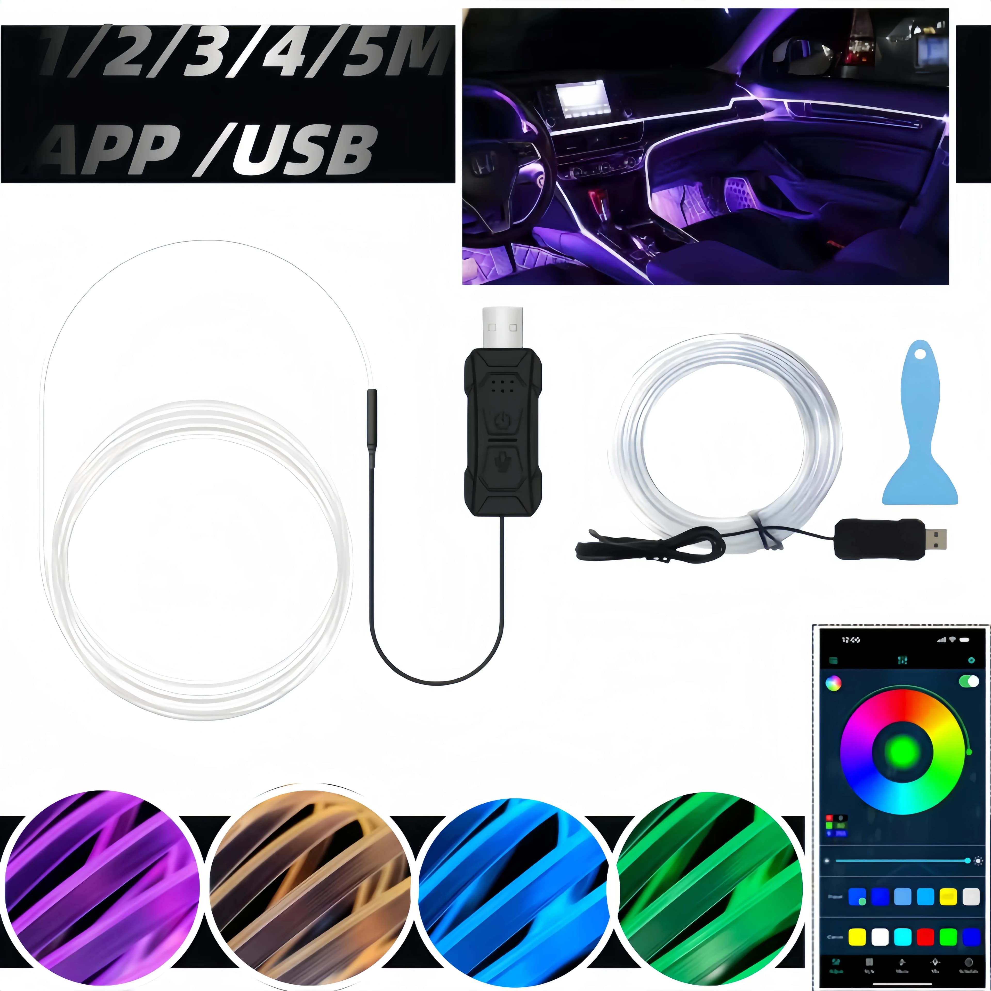 Striscia LED RGB per Interni Auto, 2M 3M 4M 5M, Luce Ambiente USB in Fibra Ottica Invisibile, Controllo App, Decorazione Flessibile