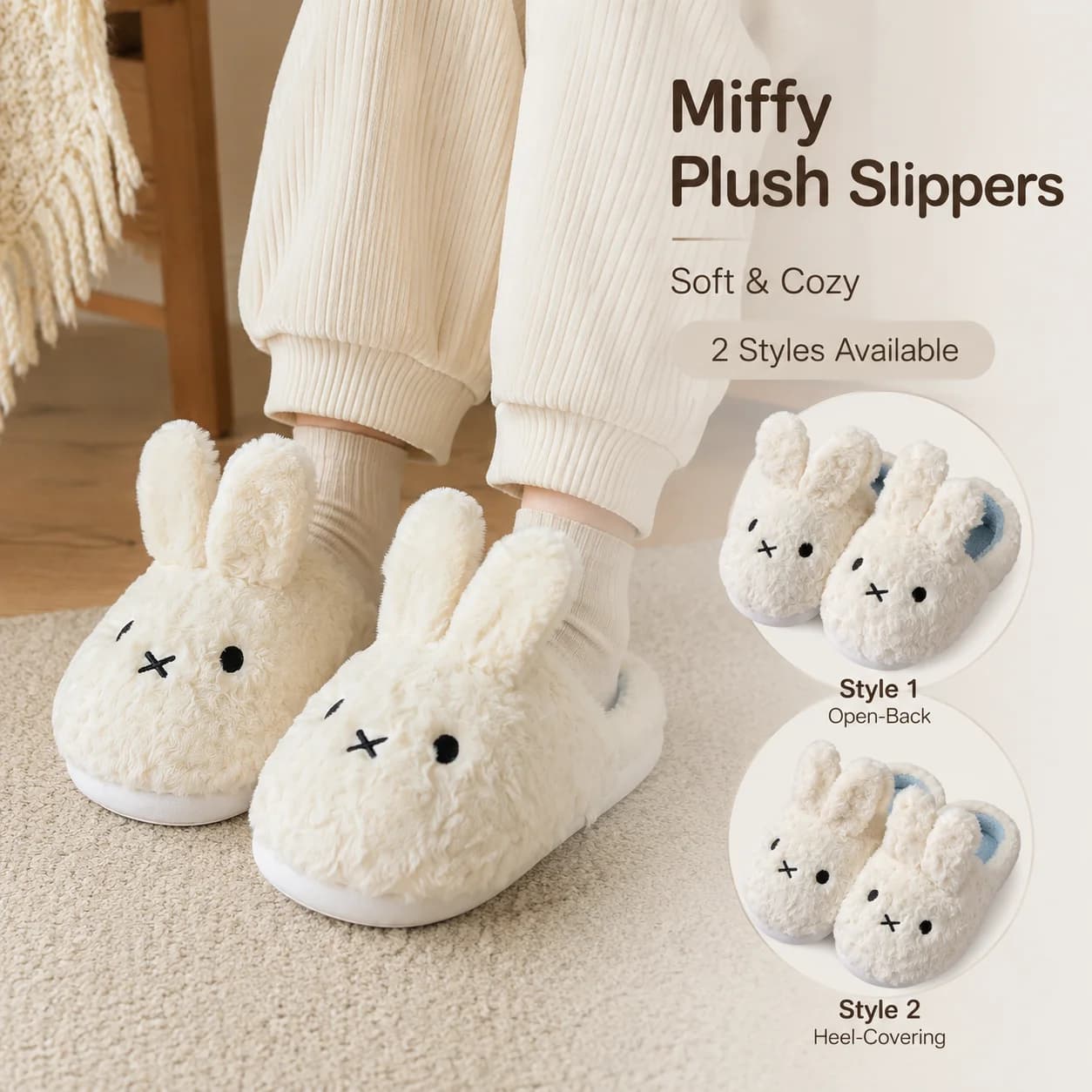 Cute Miffy Rabbit Plush Slippers Kawaii Cartoon Winter Indoor Home Shoes Thick Sole Warm Fluffy Closed & Open Back Slippers