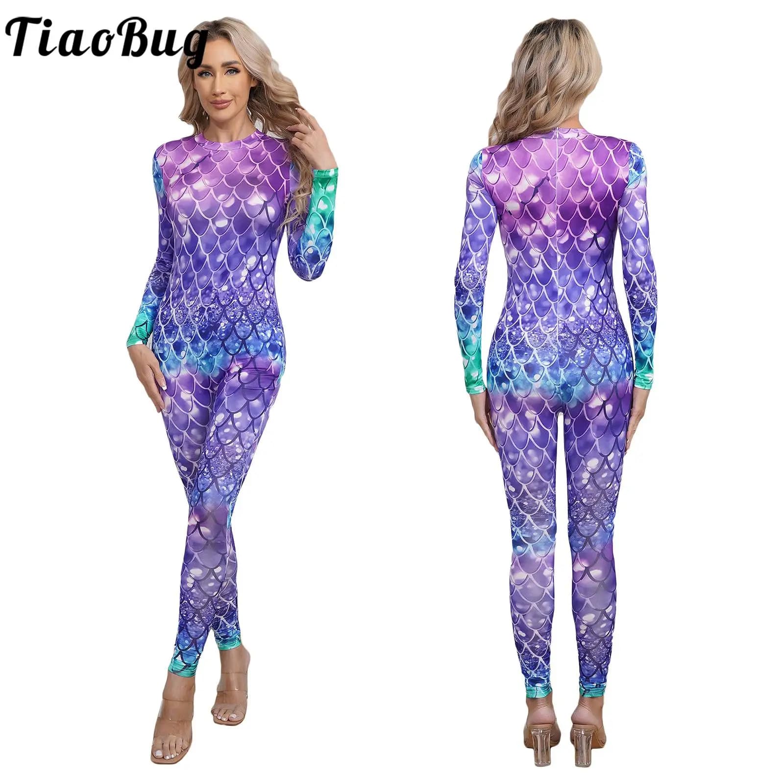 Costume da sirena da donna, tuta a maniche lunghe, costume da bagno, stampa a squame di pesce lucido, body unitario a figura intera, body sportivo da ginnastica