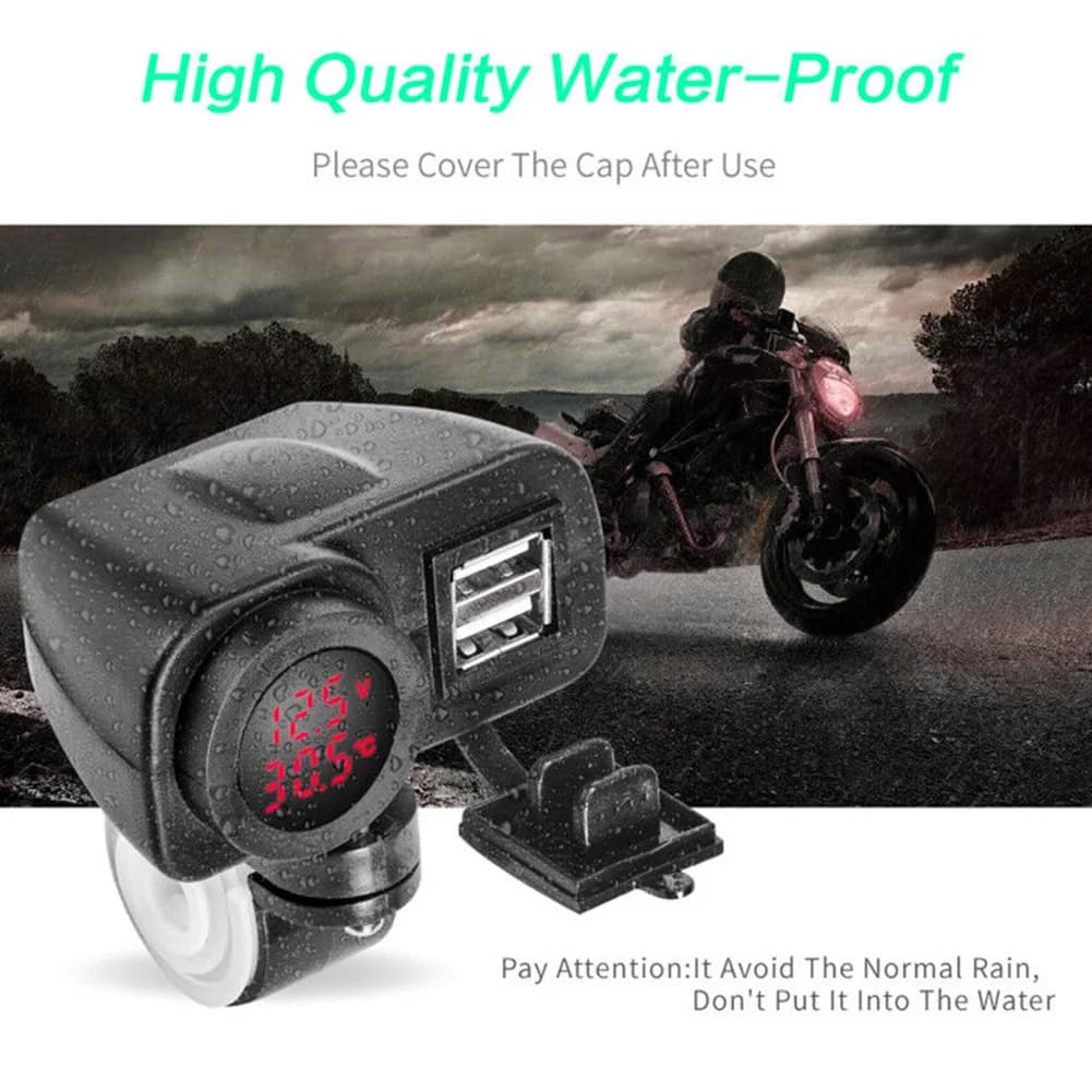 Parte Caricabatterie Termometro rosso per moto con voltmetro digitale Accessori da 15 W Caricatore doppio USB DC12V-24V nero