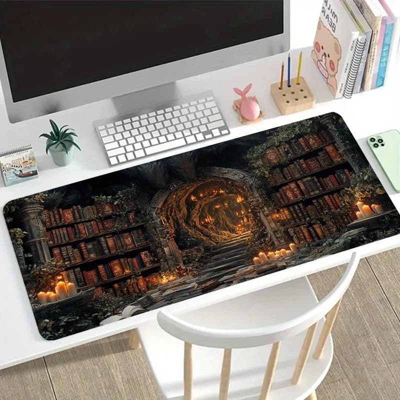 Un grande tappetino per mouse da gaming con un design fantasy di una biblioteca in una grotta illuminata a candela, con base in gomma antiscivolo e lavabile.