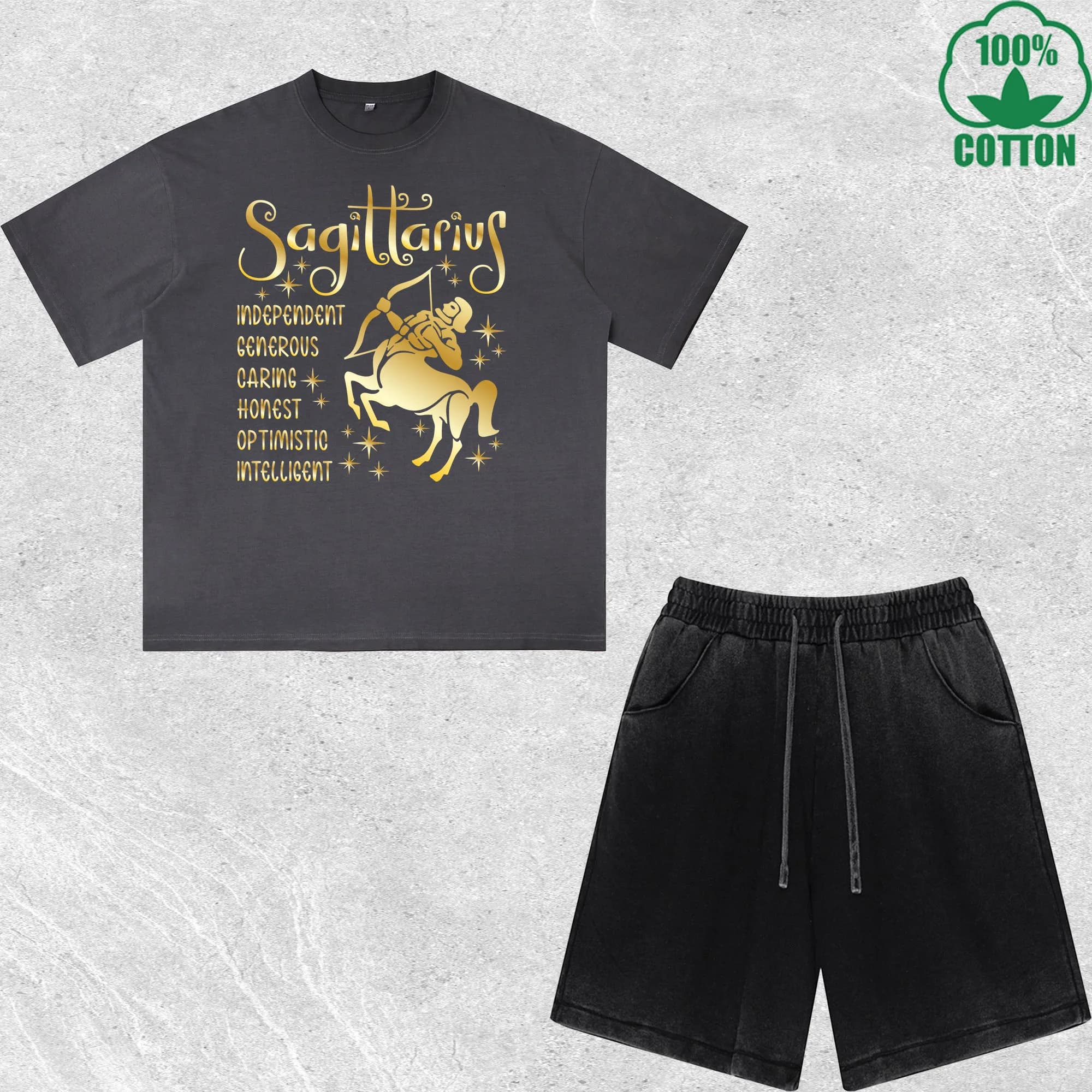 Set T-Shirt e Pantaloncini Sagittarius con Stampa Dorata, Effetto Lavato, Multicolore, Stile Trendy e Alla Moda, 100% Cotone