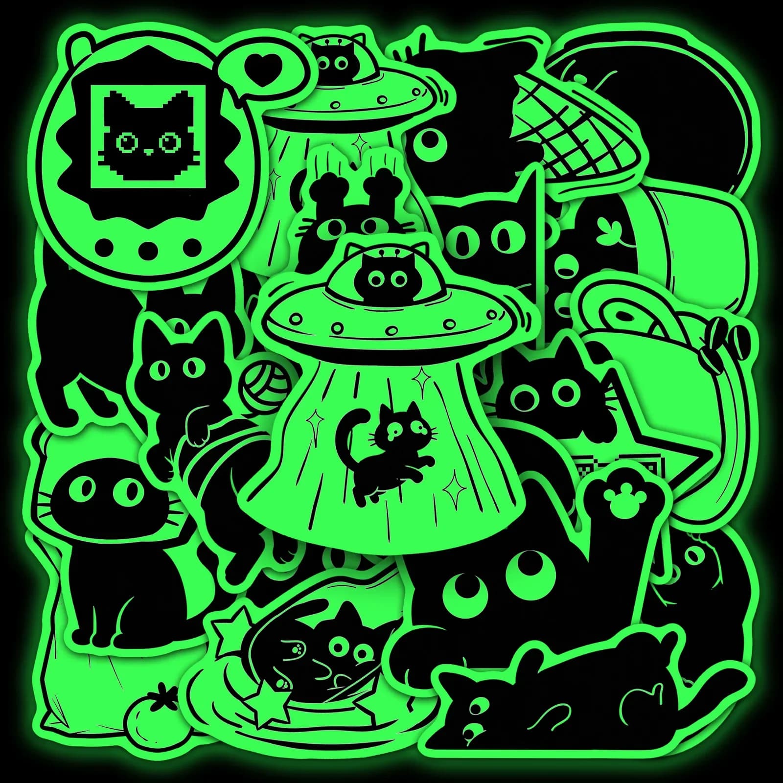 20 Pcs Glow in The Dark Black Cat Stickers Doodle Funny Cat Waterproof DIY File Folder Window Skate Helmet Car Removable Decals