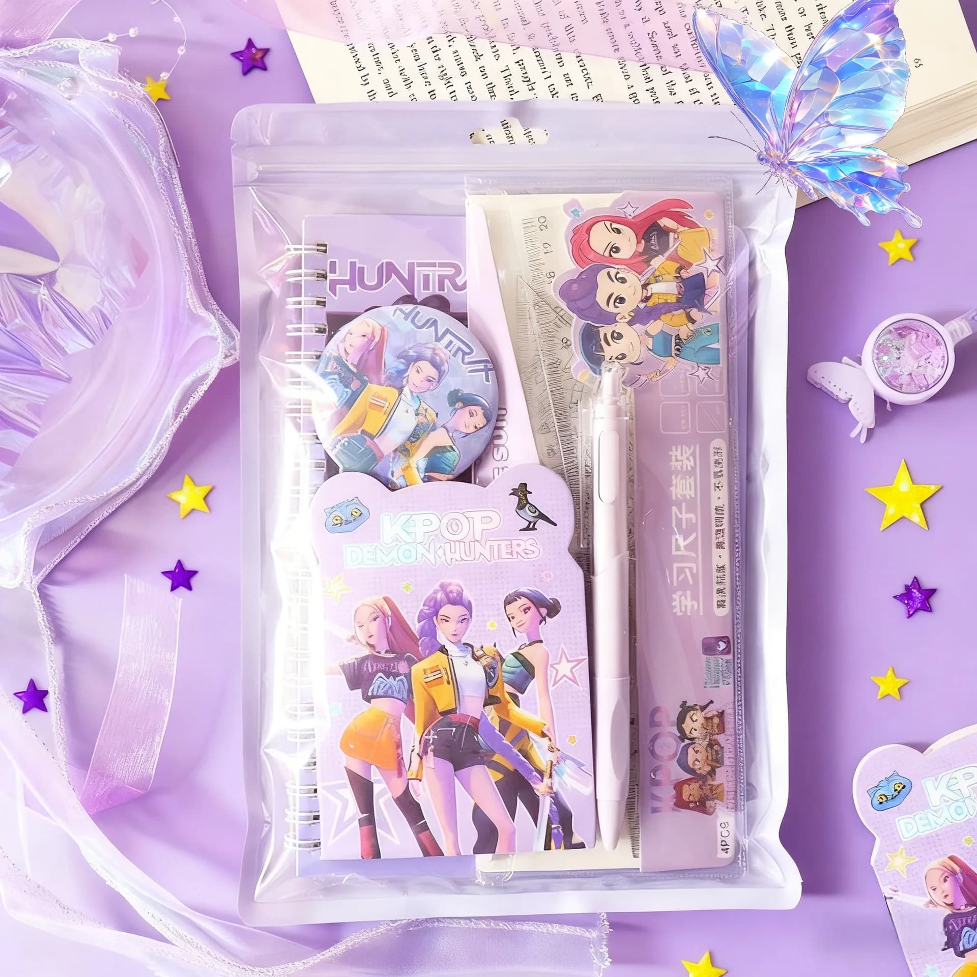 Lovely Purple Badge Stationery Kit with Gel Pen and Notebook, Practical Learning Supplies for Children and Teenage Students.
