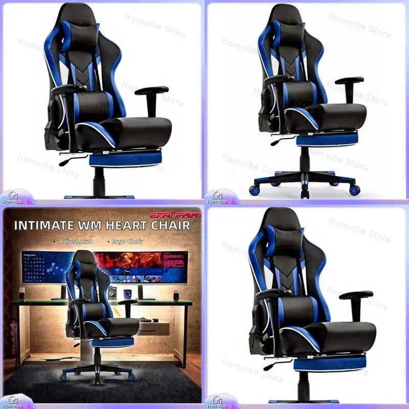 Ergonomic Racing Gaming Chair with Heart Shape Design Adjustable Armrests Lumbar Support Reclining Function PU Leather Blue
