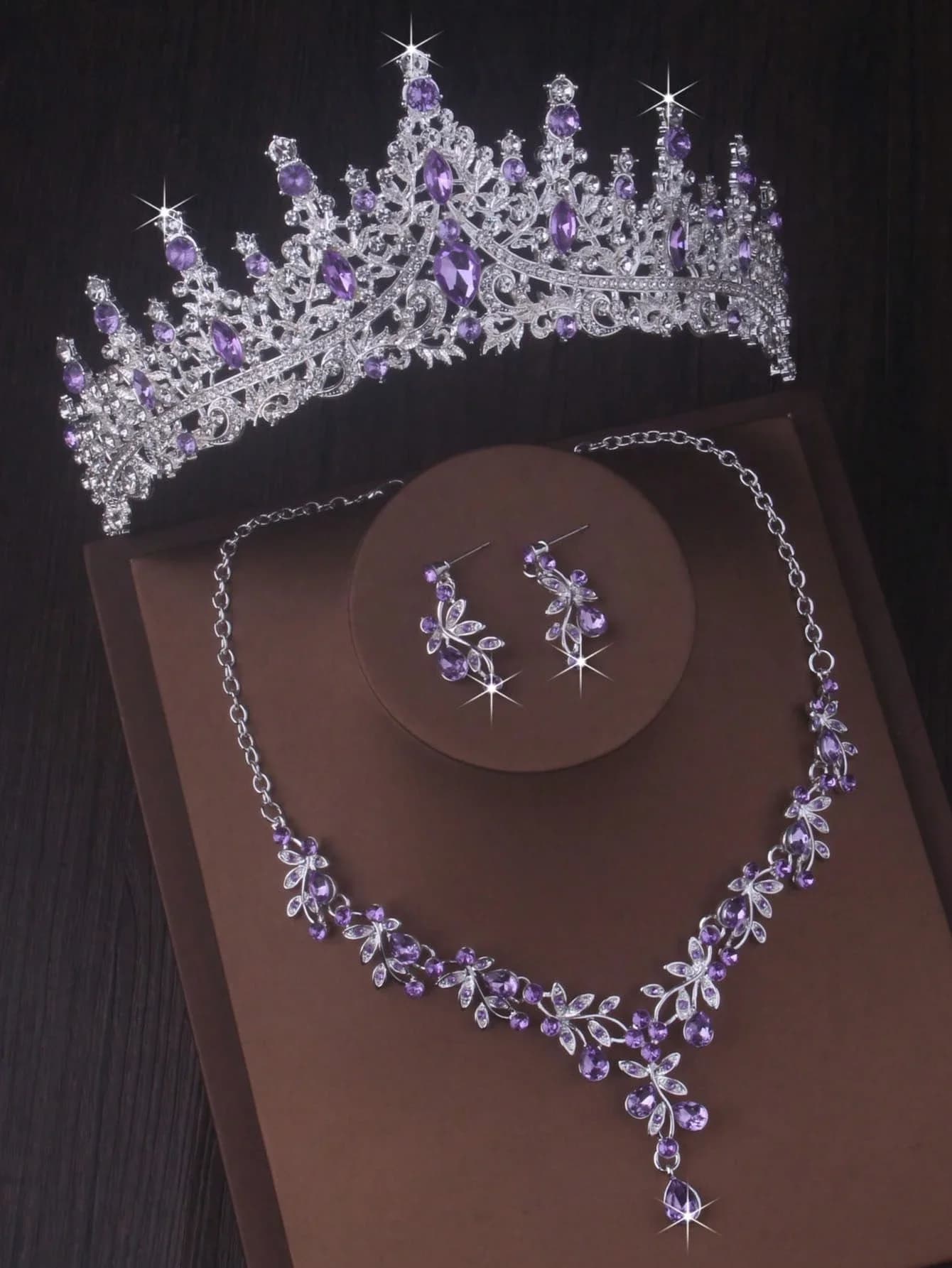 Accessori di Alta Gamma per Abiti da Sposa, Accessori Nuziali, Corona Viola con Collana e Orecchini, Accessori per Abiti da Sposa