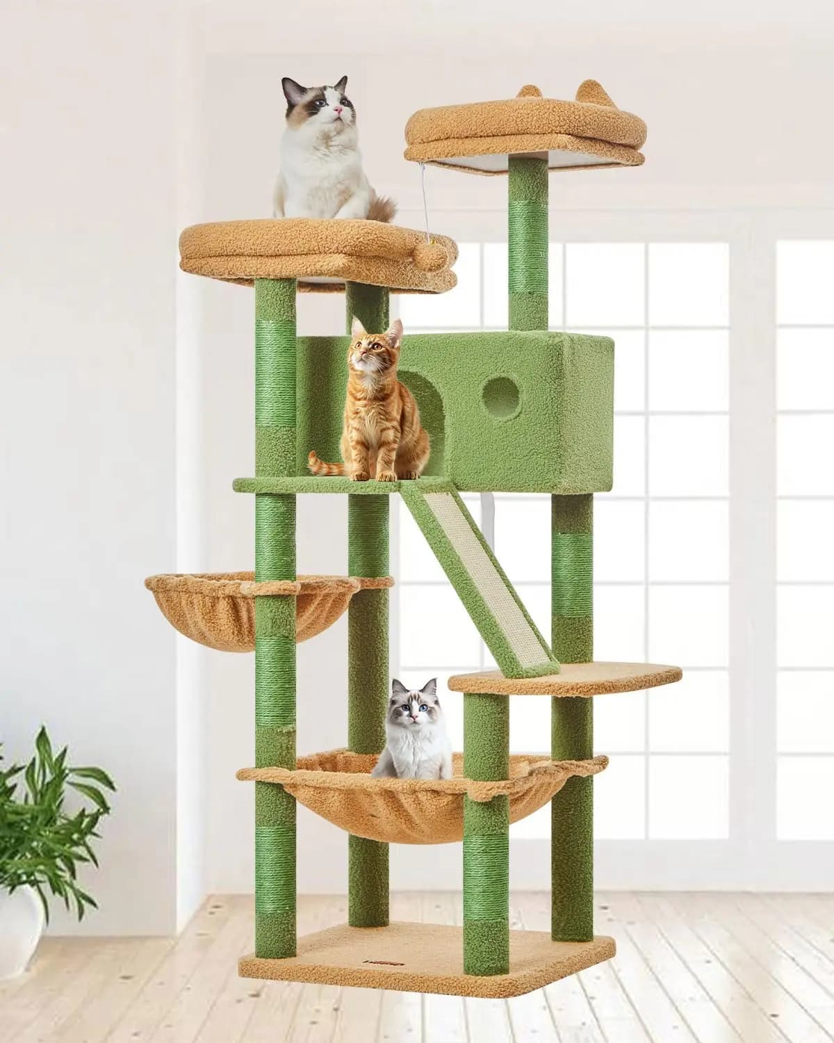 Albero per Gatti a Forma di Cactus, Torre per Gatti da Interno di 146 cm per Gatti Adulti Grandi, Cuccia Extra Large, 8 Posti di Tiraggio in Sisal, Struttura in Metallo