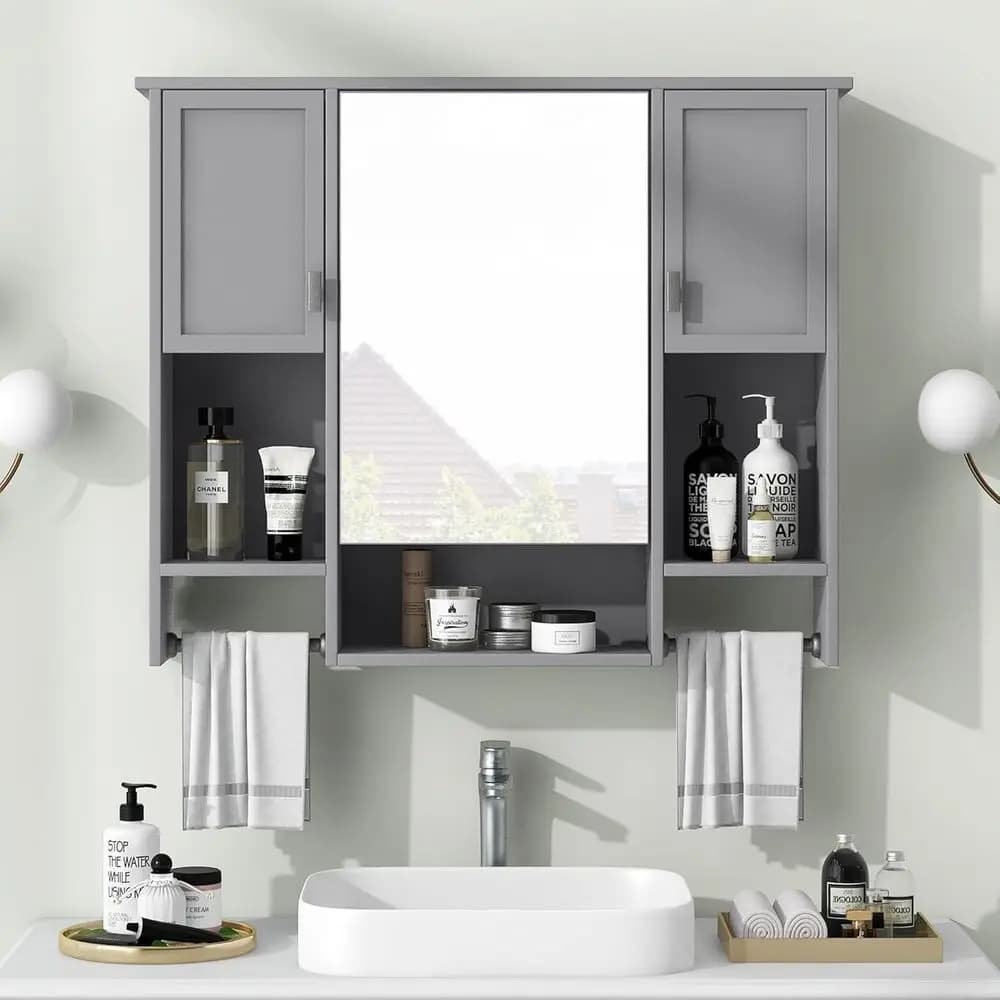 Grey Wall-Mounted Mirrored Medicine Cabinet with Open Shelves and Towel Bar for Bathroom Storage