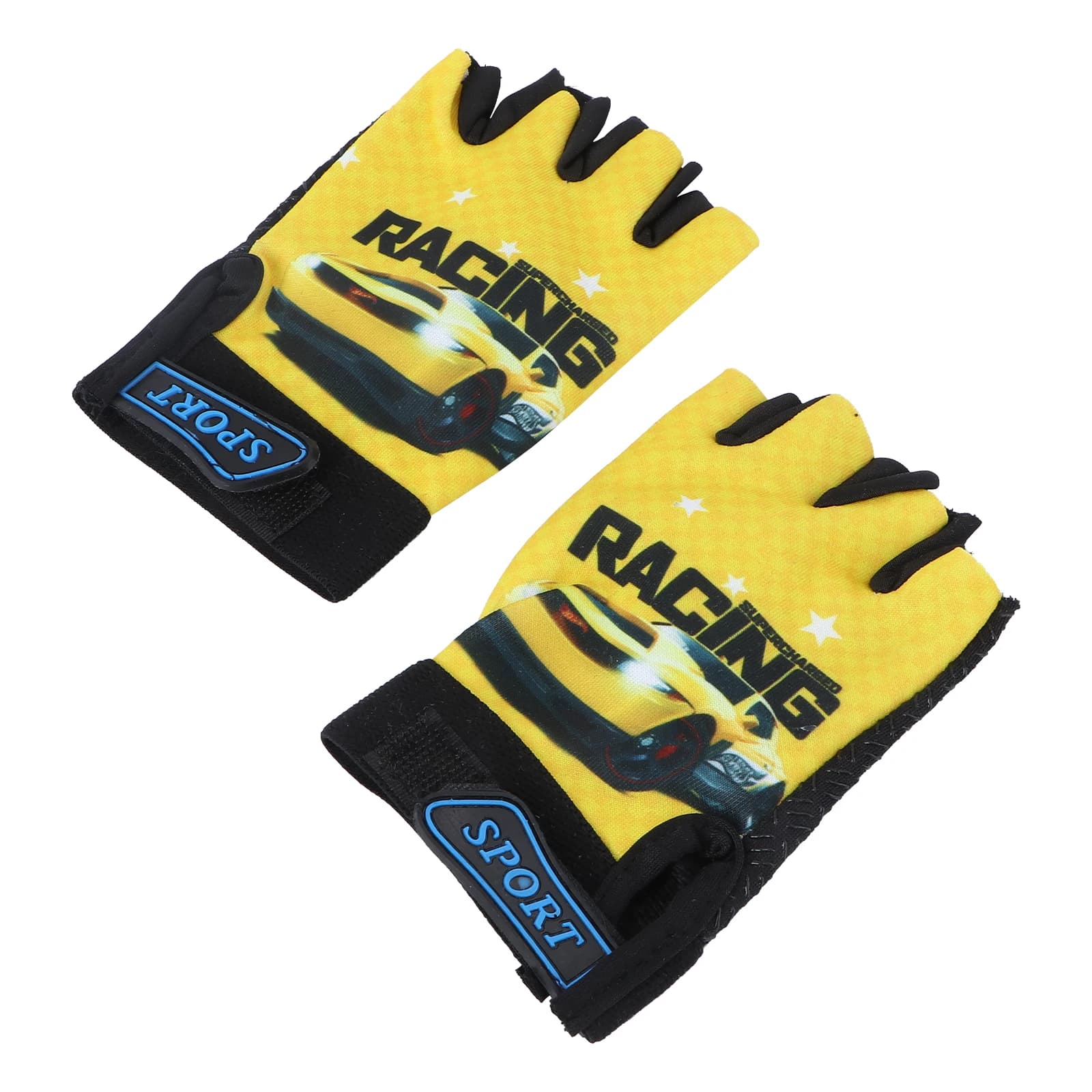 Kids cycling gloves, yellow model with car, microfiber, half fingers, for outdoor sports, racing gloves for cycling, hiking