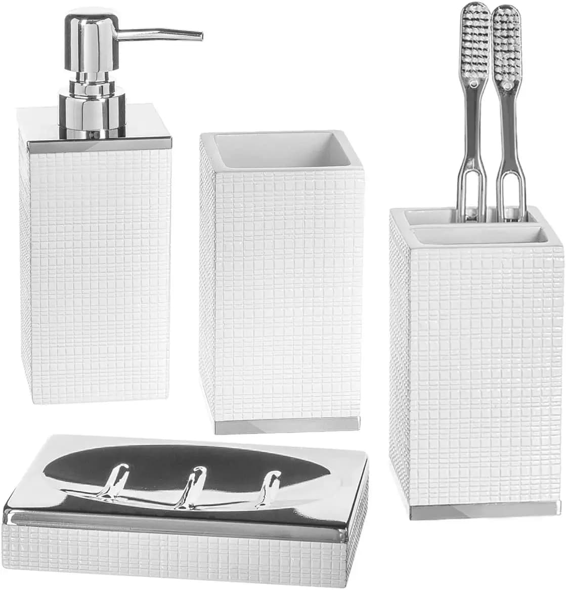 Elegante Set da Bagno Bianco con Base Argento - Include Dispenser Sapone, Porta Spazzolini, Porta Sapone e Bicchiere